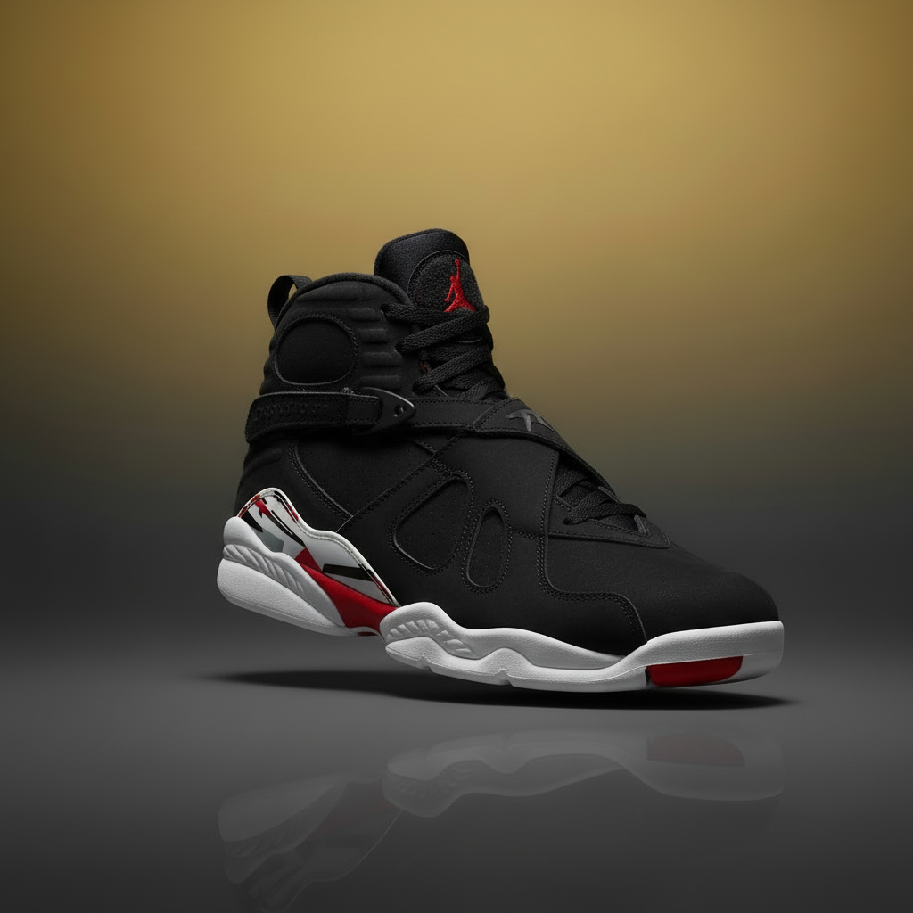 Air Jordan 8 sneaker in the coordinated charcoal and warm-gold campaign style