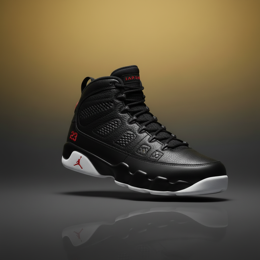 Air Jordan 9 sneaker in the coordinated charcoal and warm-gold campaign style